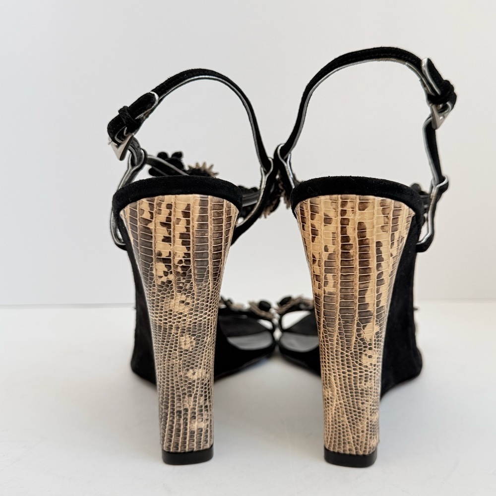 Prada Black Python Snakeskin Suede Floral Appliqué T-Strap Wedge Sandals EU40 - Picture 7 of 10